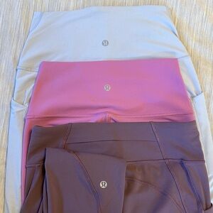 Lululemon Leggings Set in Pale Blue, Pink, and Wisteria Purple
